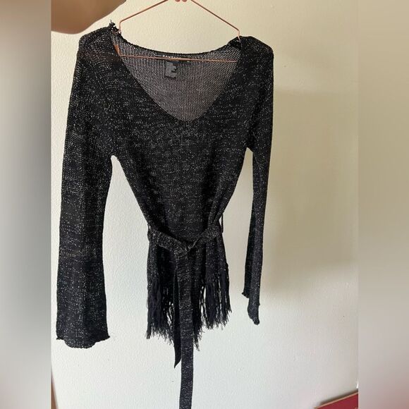 Rampage black sparkly long sleeve belted sheer knit top with fringe M - Picture 3 of 8